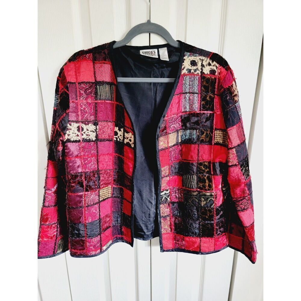 Chico's Design 1 Jacket Medium Red‎ Black Patchwork Quilted Silk Blend Blazer